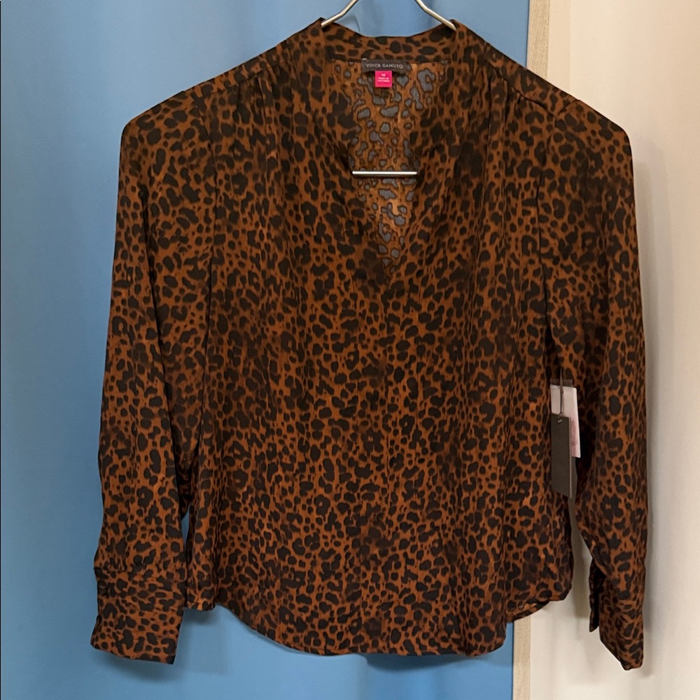 Vince Camuto Brown and Black Leopard V-Neck Blouse